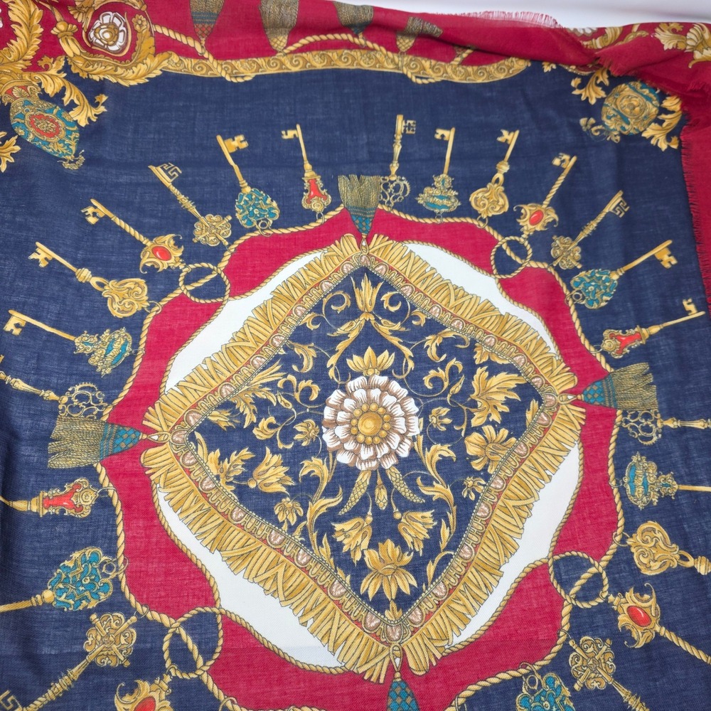 Baar & Beards Scarf Womens OS Navy Red Gold Baroque Skeleton Key Print Italy 36"